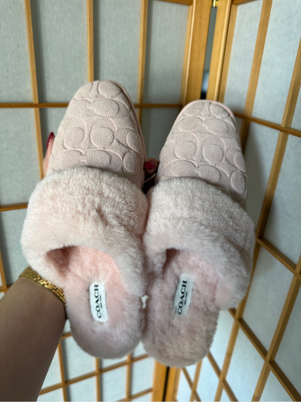 Coach Pink Suede and Fur Slipper Mules